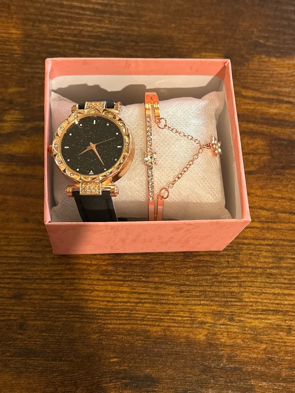 Women's Rose Gold Watch and Bracelet Set - Black Dial